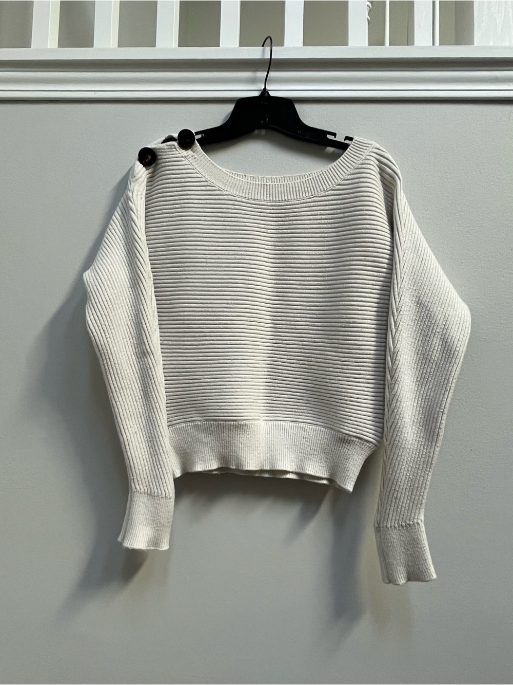 Zara Ribbed Boatneck Cream Sweater with Shoulder Buttons